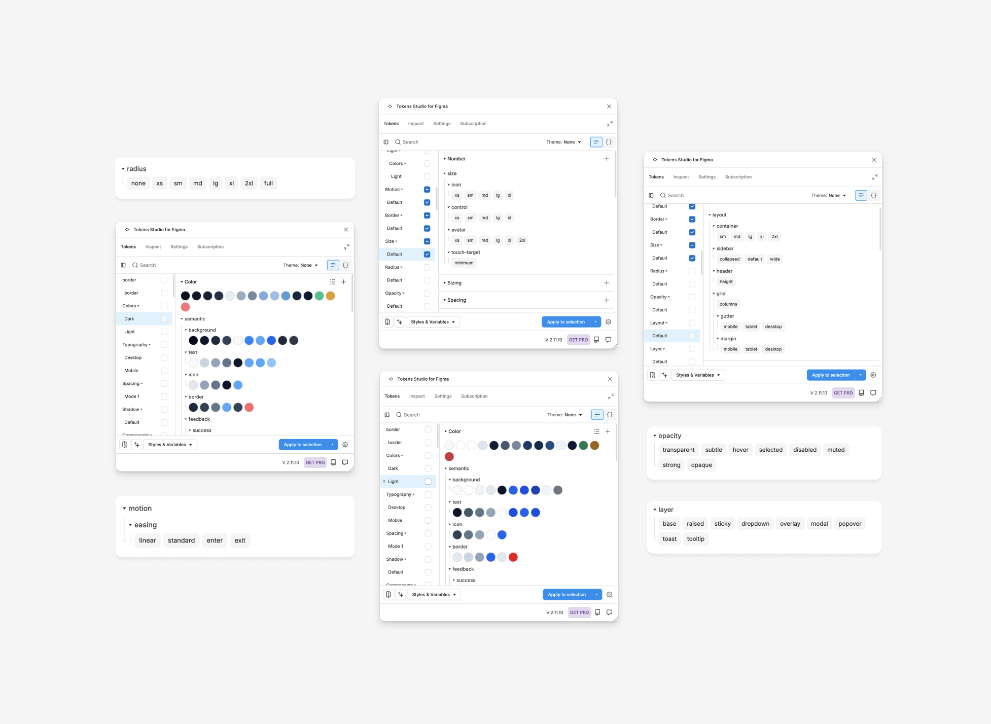 Token Studio mit den verwalteten Token-Sets und den Themes für hell und dunkel.