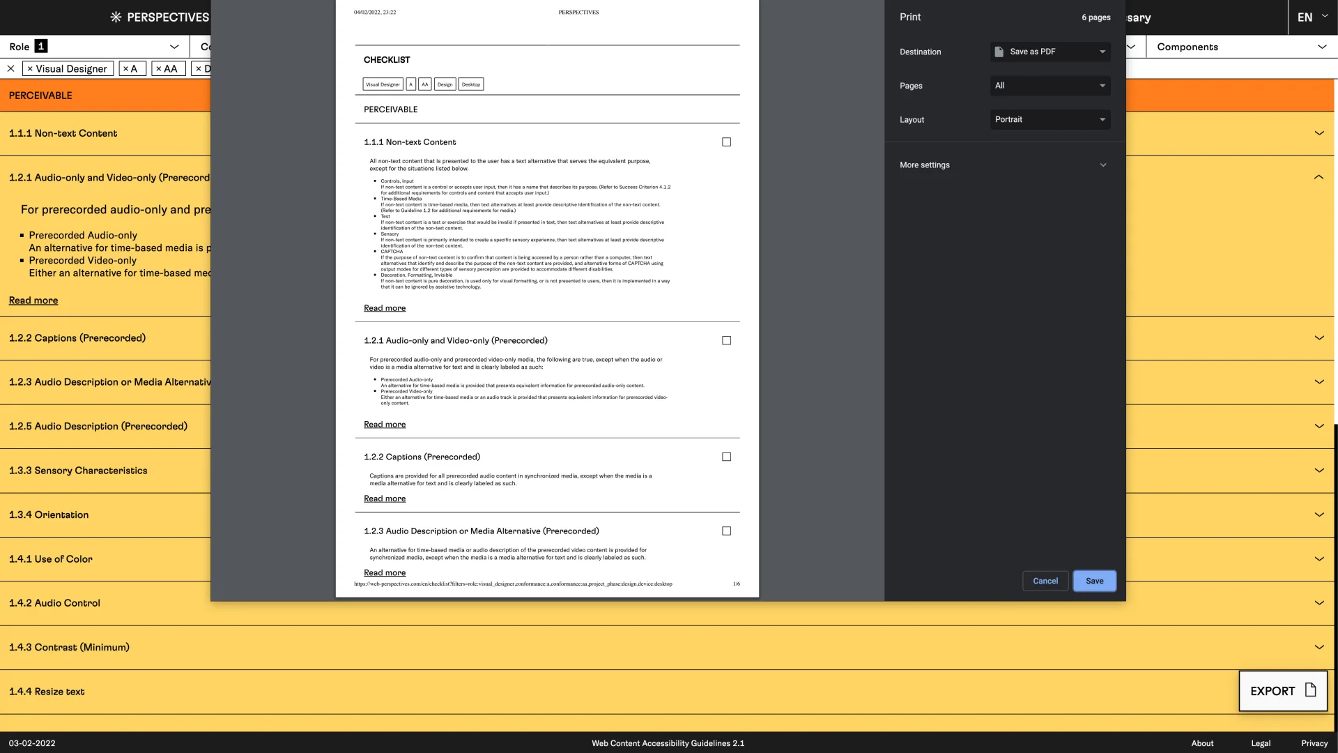 PERSPECTIVES accessibility checklist with selected criteria and print export