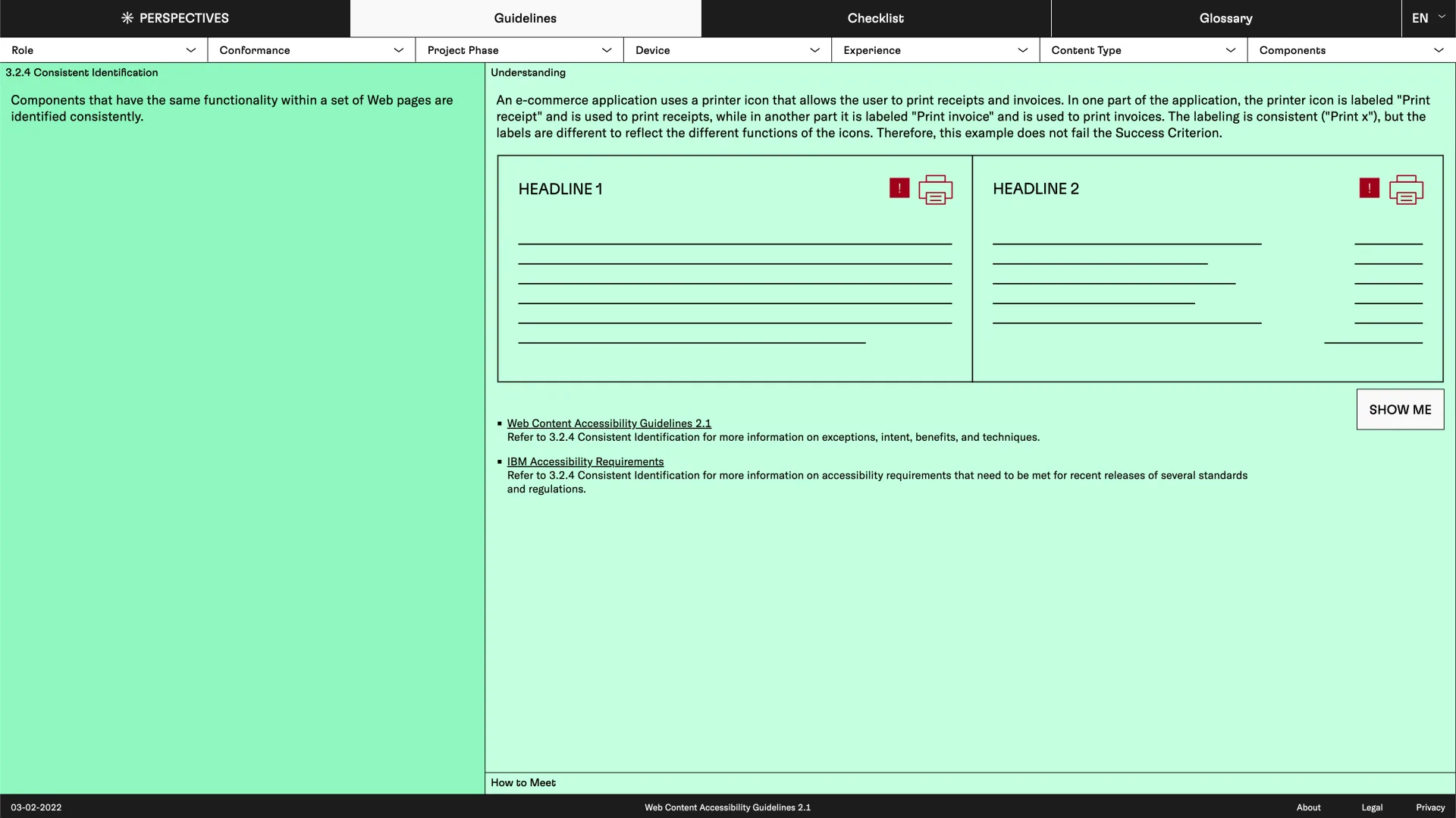 PERSPECTIVES guideline detail page with explanations, examples and related accessibility criteria