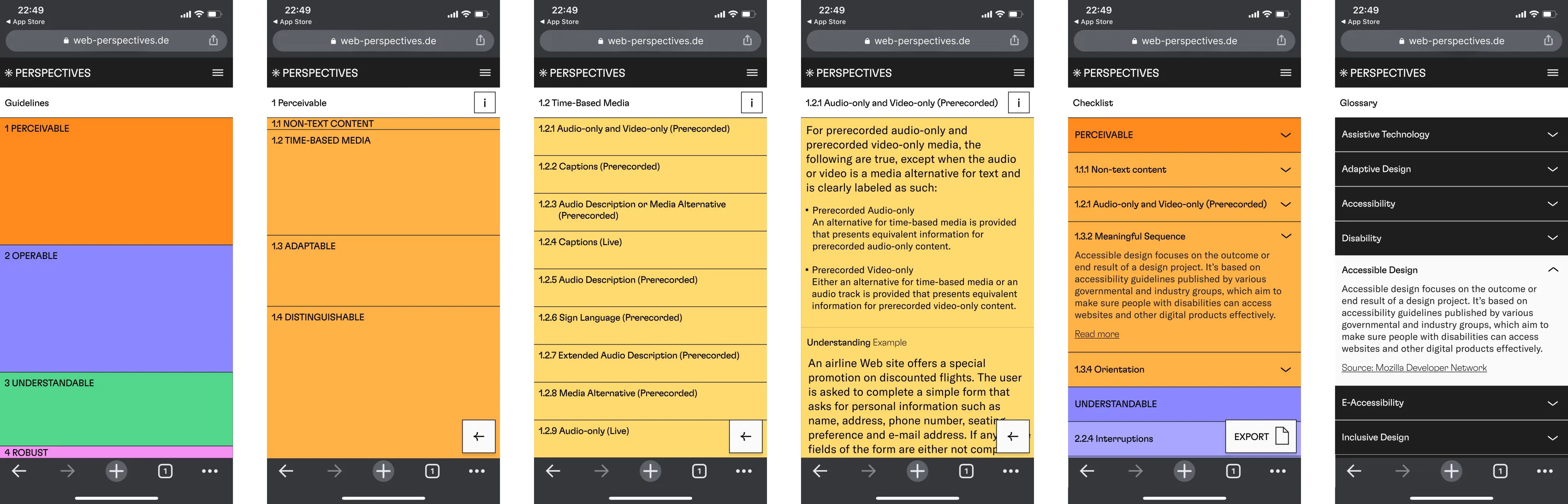 Sechs iPhone-Screenshots von PERSPECTIVES im mobilen Browser: Guidelines-Übersicht, geöffnetes Prinzip, Kriterienliste, Kriteriendetail, Checkliste mit Export und Glossar.