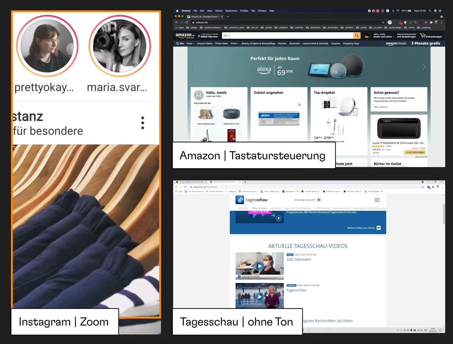 Drei Selbstversuche zur Barrierefreiheit: Instagram mit Zoom, Amazon nur per Tastatur und Tagesschau ohne Ton.