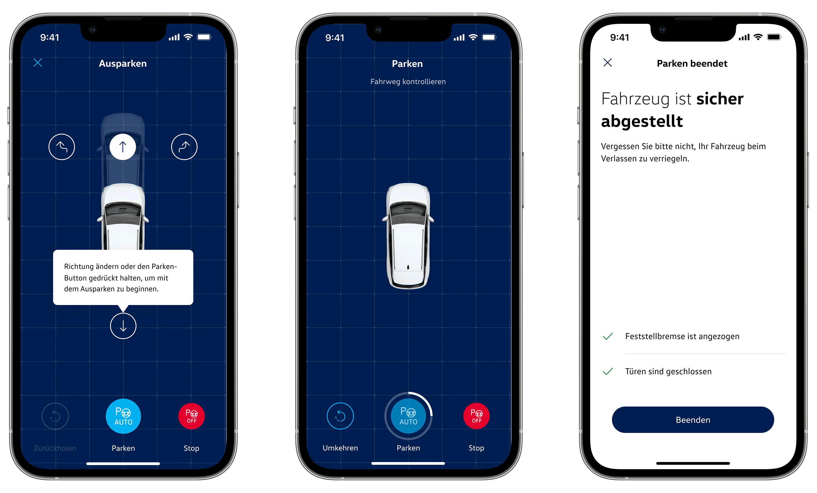 Remote Park Assist: mehrere Screens der mobilen App, mit denen sich das Fahrzeug von außen ein- und ausparken lässt.